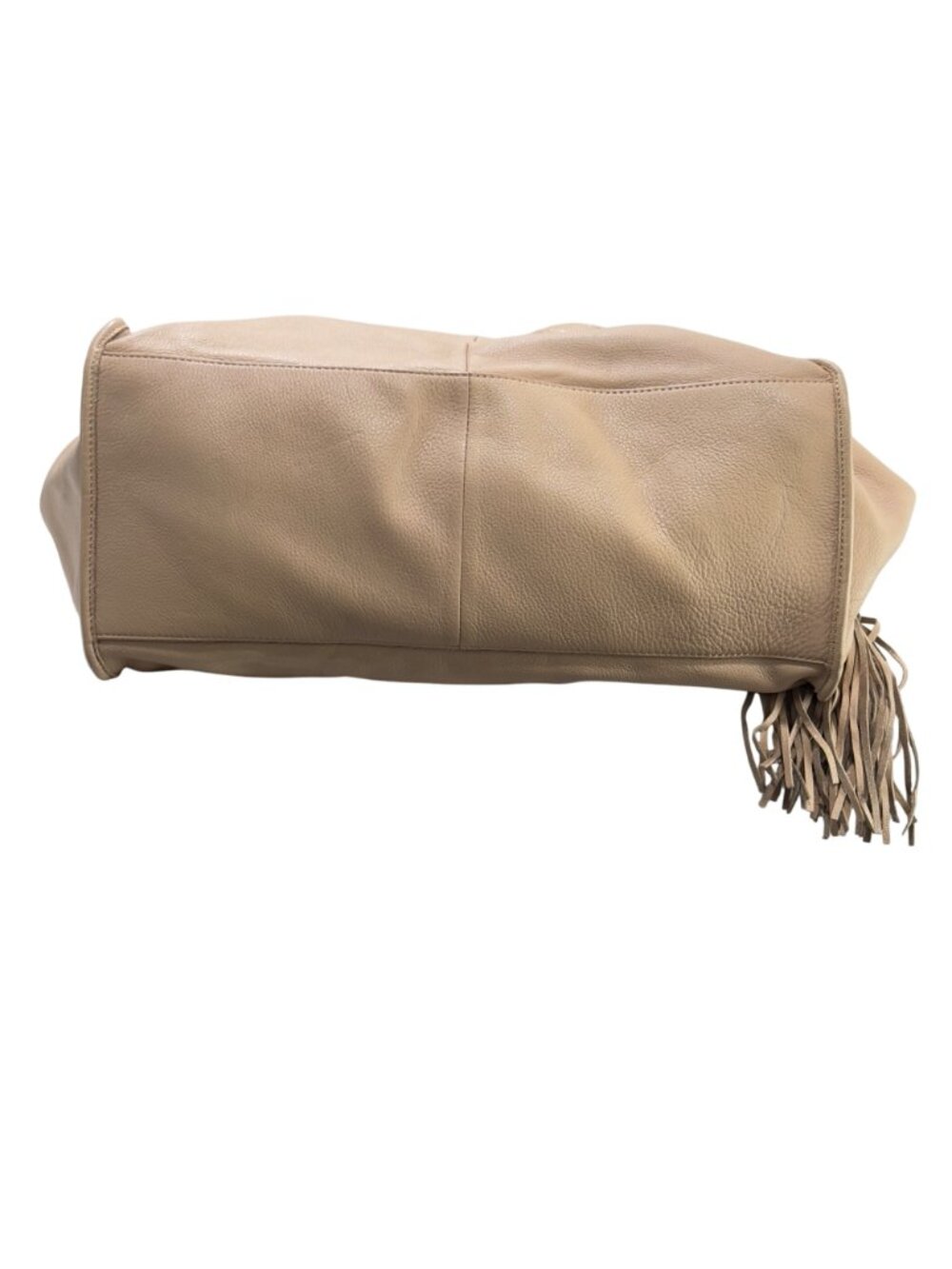 GILI Large Beige Leather Tote Bag With Gold Hardware & Fringe Tassel Accent - Picture 5 of 14